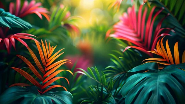 Colorful summer tropical palm leaves with copyspace, trendy summer jungle style floral colorful pattern background, colors botanical tropical leaves ,sun light and shadows. slow motion footage