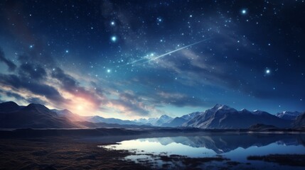 Fototapeta premium A breathtaking view of a star-filled night sky, with a shooting star, over a serene mountain lake at sunset, surrounded by majestic mountain peaks and reflective waters.