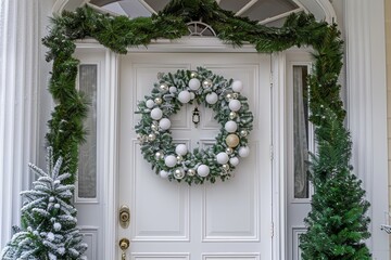 Christmas decoration wreath of fir branches and white balls on the door. Advertising for a Christmas decor store. New Year and Christmas in classic style.