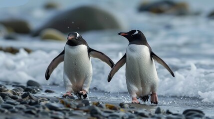 Fototapeta premium This image captures two penguins walking on a rocky beach near the ocean shore, showcasing their distinct black and white plumage and the natural coastal environment.