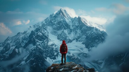 Hiker gazing at snow-capped mountain peak