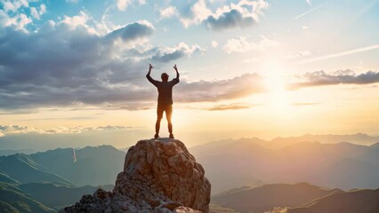 A man stands triumphantly on a mountain summit, arms outstretched in a gesture of victory and accomplishment, Create a visual representation of the success and fulfillment achieved in your career