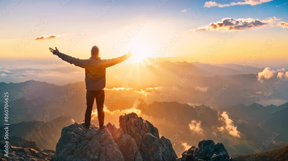 Poster a man with arms open wide stands proudly at the peak of a mountain, create a visual representation o