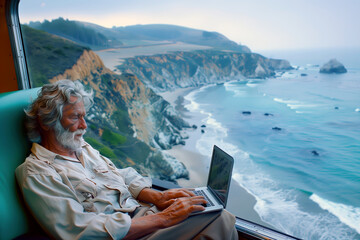 An elderly man with grey hair and a beard is sitting comfortably in a train, using a laptop.