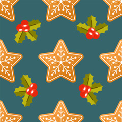 New Year gingerbread with icing snowflake in the form of Christmas star and holly berries. Seamless pattern. Vector New Year's Eve repeating background on dark background