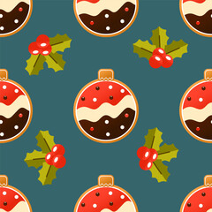 New Year gingerbread with icing, chocolate and candy in the form of Christmas ball and holly berries. Seamless pattern. Vector New Year's Eve repeating background on dark background