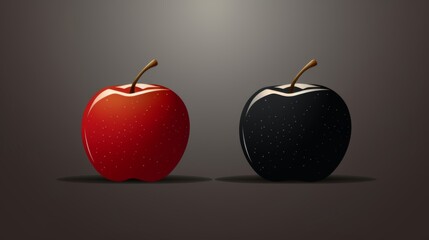 Obraz premium A striking digital illustration featuring a red apple and a black apple with specks, set against a dark background, highlighting contrast and elegance.
