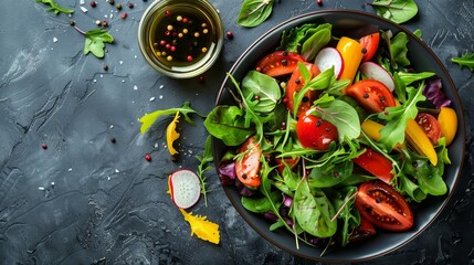 Fresh mixed green salad with tomatoes, radishes, and a side of vinaigrette on a dark background. Healthy and nutritious meal.