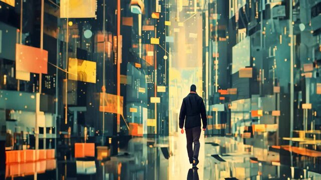 A man walking alongside towering urban buildings in a city street, Create art that represents the concept of least privilege in data access controls