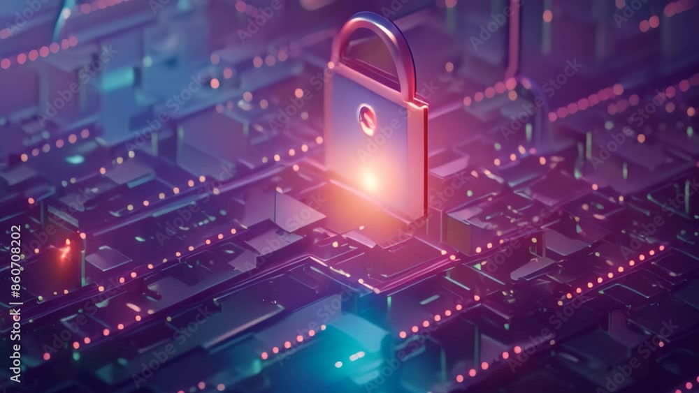 Poster a lock securely fastened on top of a computer circuit board, ensuring privacy and protection, creati