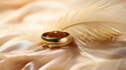 A close-up of a simple gold wedding ring placed on a silky fabric with a single feather in the background, giving a soft and elegant atmosphere.