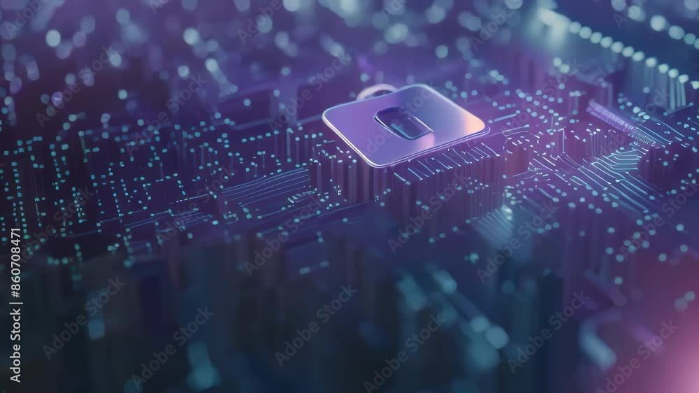 Poster a lock sits atop a computer circuit, symbolizing digital security and protection against unauthorize