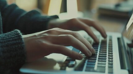 A serene image of hands typing on a laptop keyboard, with a calm and focused ambiance created by the soft, natural lighting and a blurred background.