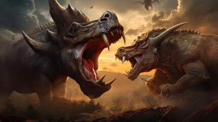 Fototapeta premium Two large, horned dinosaurs clash in a fierce battle amidst a dramatic sunset, their powerful jaws agape and limbs poised for combat, emphasizing primal conflict and dominance.