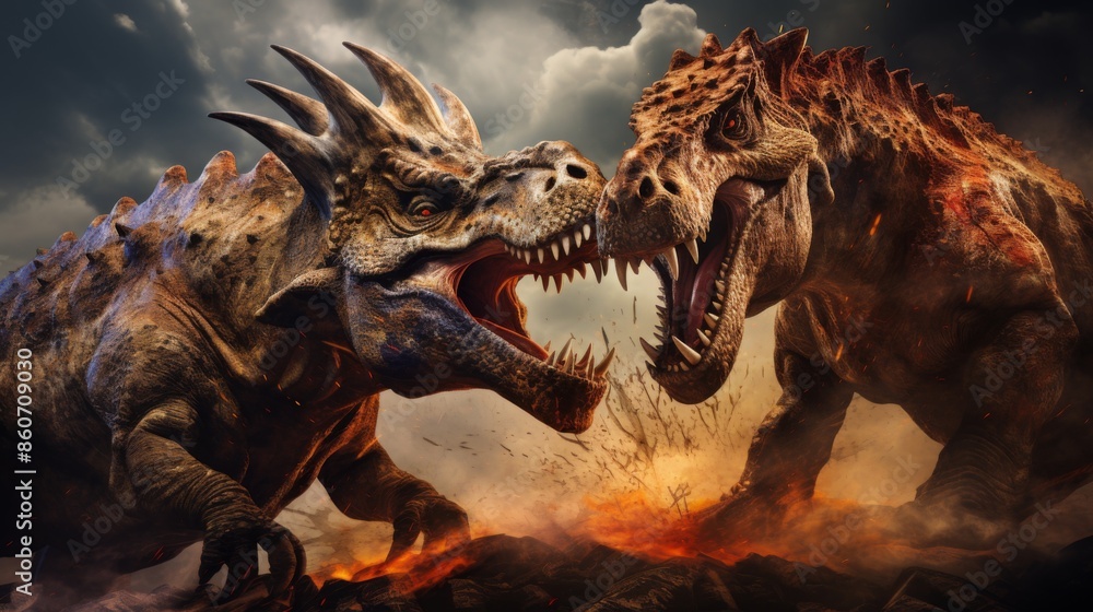 Wall mural amidst a lava field, two powerful spiked dinosaurs clash in a dramatic confrontation, their furious 