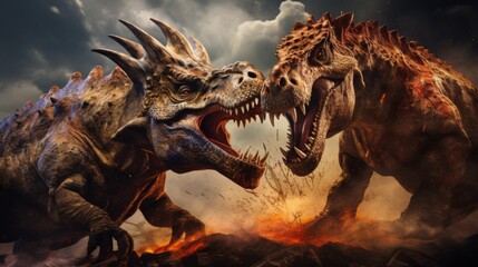 Amidst a lava field, two powerful spiked dinosaurs clash in a dramatic confrontation, their furious expressions and intense combat highlighting raw power and ferocity.