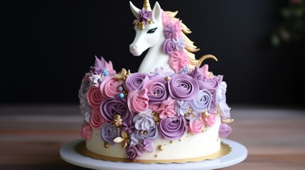 A stunning unicorn-themed cake adorned with intricate pastel flower decorations and gold accents, capturing a magical and whimsical celebration centerpiece.
