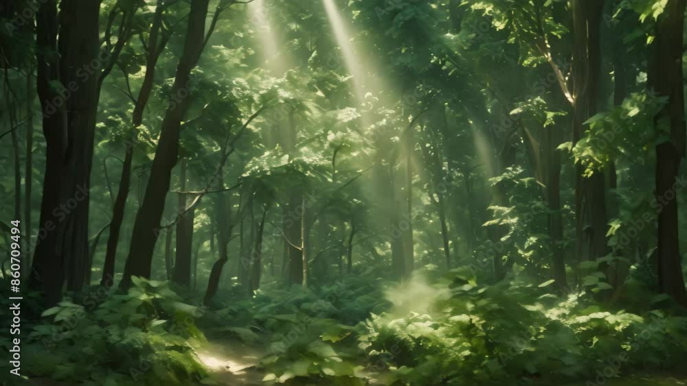 Poster a path runs through a dense, green forest with dappled sunlight filtering through the vibrant foliag