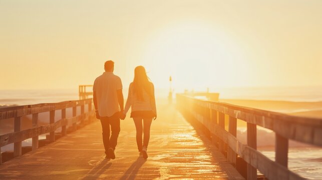 Fototapeta A couple strolls down a pier at sunset, hand in hand