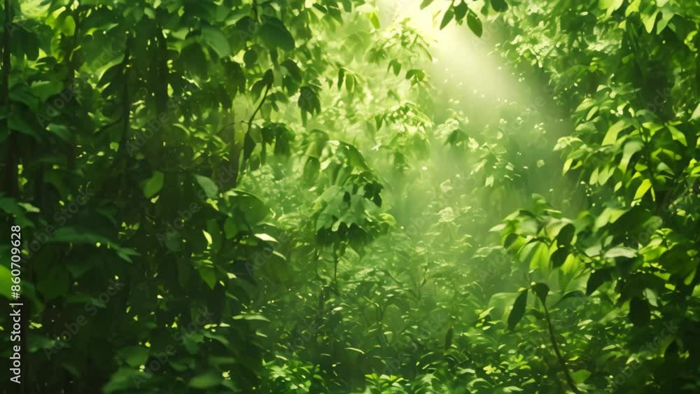 Aufkleber sunlight filters through dense forest canopy, creating dappled light on the trees below, dappled sun