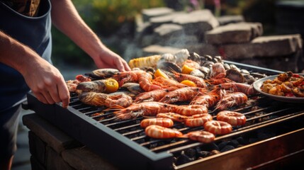 A diverse array of seafood sizzles on a stone-base barbecue grill being overseen by a man, capturing the essence of outdoor culinary delights and summer fun.