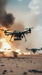 Two high-tech drones fly above a war zone, where flames and debris indicate recent combat activity