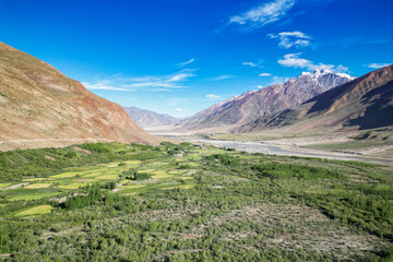 Aerial view of a valley with mountains, river running through it, Zanskar, Himalayas