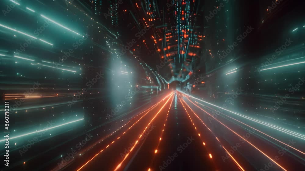 Poster data packets racing down a virtual highway in a futuristic tunnel filled with digital lines, data pa
