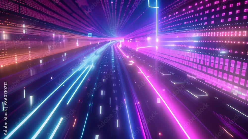 Poster data packets race down a virtual highway in a futuristic digital world, data packets racing down a v