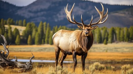 A magnificent elk with large antlers stands proudly amidst a picturesque natural landscape, showcasing the beauty of nature in harmony with wildlife.