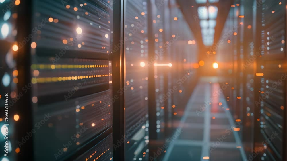 Poster a data center crowded with numerous servers processing data streams seamlessly, data streams flowing