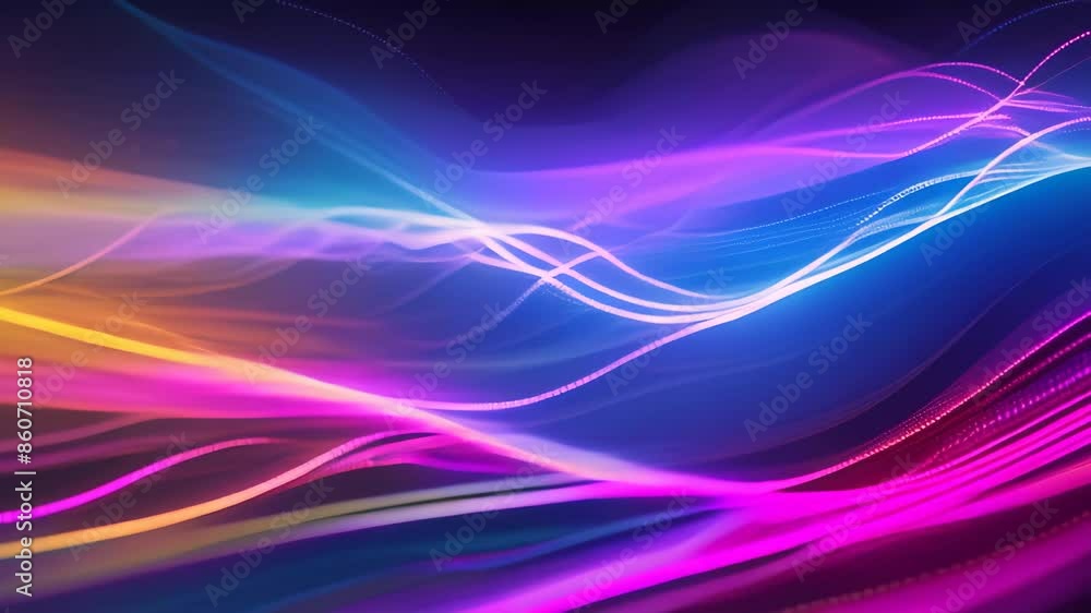 Poster Abstract representation of a colorful wave pulsating in the dark, creating a mesmerizing visual pattern, Data streams flowing through a network topology