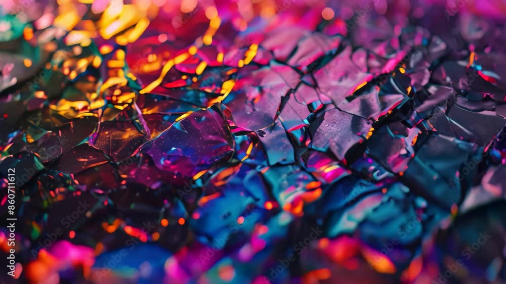 Poster close-up view of colorful reflections dancing on a glossy glass surface, dazzling array of colors re