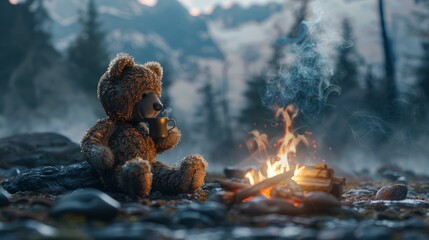 Teddy bear enjoys campfire tea