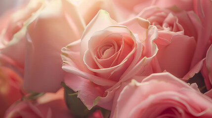 Delicate blooming festive light pink roses and bright flowers blossoming rose flower background bouquet floral card selective focus shallow DOF : Generative AI