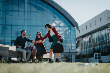 Three businesspeople interacting in an outdoor urban setting, portraying teamwork and collaboration in a professional context.