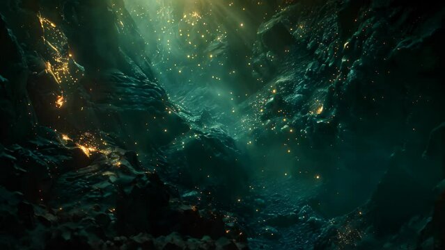 A dark cave illuminated by mysterious glowing lights, revealing hidden depths and unknown secrets, Deep, dark abyss with hints of glowing light