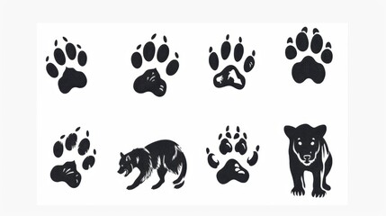 A collection of detailed black and white illustrations depicting different animal paw prints, reflecting the uniqueness and characteristics of the tracks they leave.