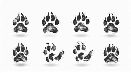 This image showcases a set of eight black animal paw prints with various textures and patterns displayed on a clean white background, suitable for various design projects.
