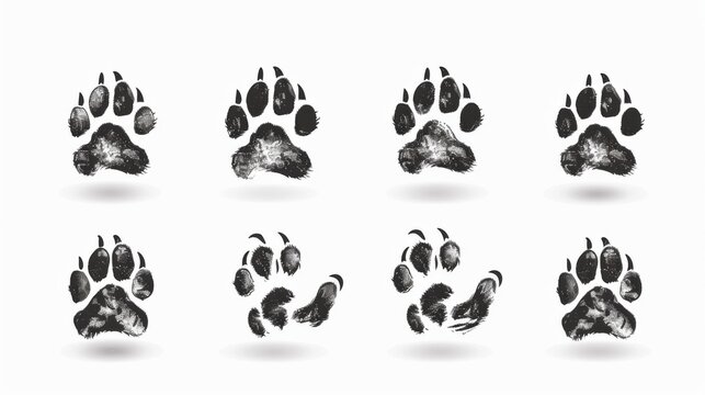 This image showcases a set of eight black animal paw prints with various textures and patterns displayed on a clean white background, suitable for various design projects.