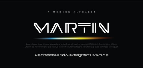 Martin Modern minimal abstract alphabet fonts. Typography technology, electronic, movie, digital, music, future, logo creative font. vector illustration