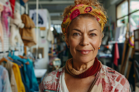 Portrait of a middle-aged non-binary person who is the founder of a sustainable fashion brand