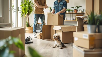 Moving to New Home with Boxes and Pet Dog, Generative AI