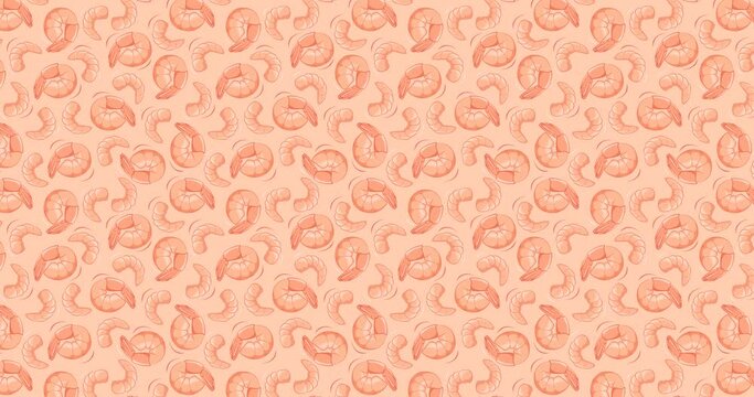 4K animated pattern of shrimps moving from top to bottom. Shrimp illustration in a hand-drawn style creating a repeatable background. Horizontal video.