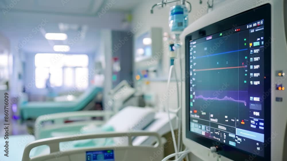 Poster an iv monitor displaying patient vitals in a hospital room, demonstrate the impact of real-time data