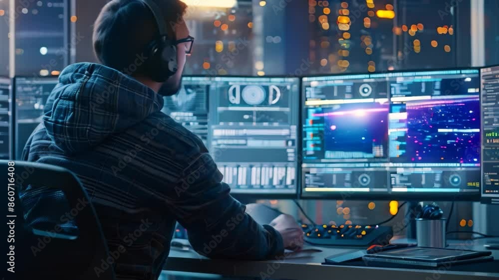 Poster a man is seated at a desk, diligently monitoring activities on several screens displaying data, demo