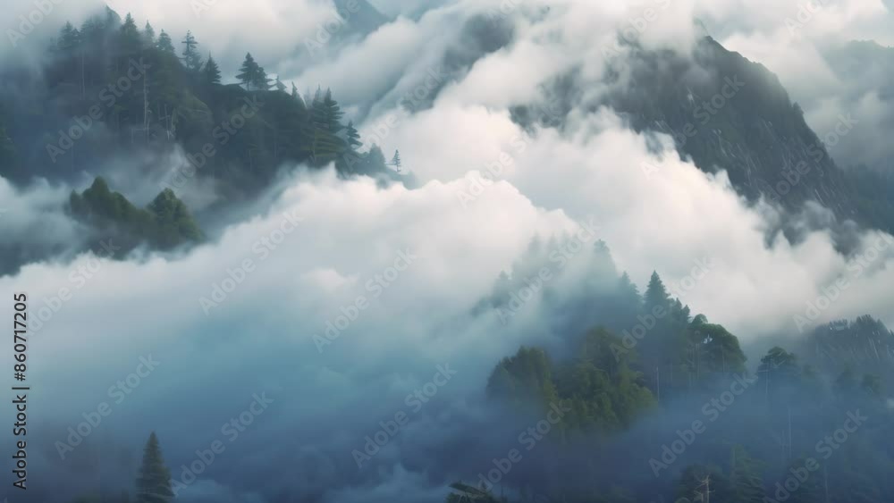 Poster a towering mountain with dense trees and fluffy clouds in the background, dense forests clinging to 