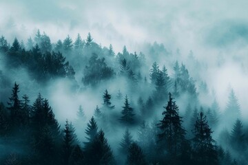 a foggy forest with trees and fog in the background