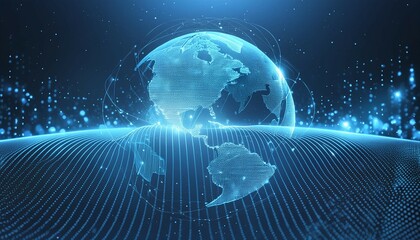 Glowing digital earth, cosmic swirl of particle flow, big data background of network technology.