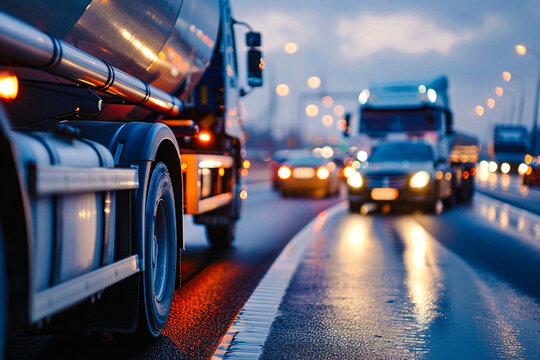 Trafic sur l'autoroute, voitures et camion citerne